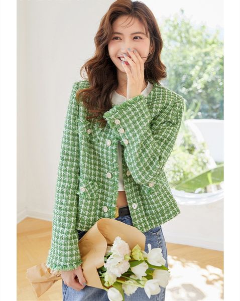 

chan new women's brand jacket fashion grade autumn winter logo plaid tweed coat overcoat leisure spring coats cardigan women birthday c, Black;brown