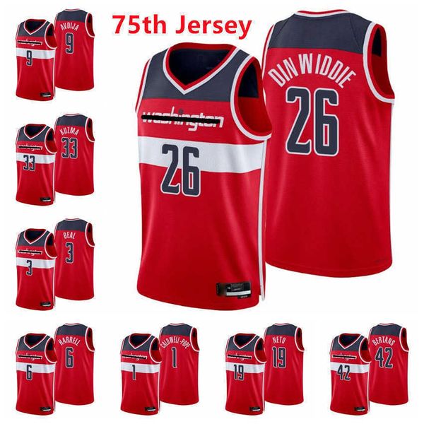

2021 2022 printed men basketball spencer dinwiddie 26 kyle kuzma 33 bradley beal harrell neto bertans corey kispert 75th red jerseys, Black;red