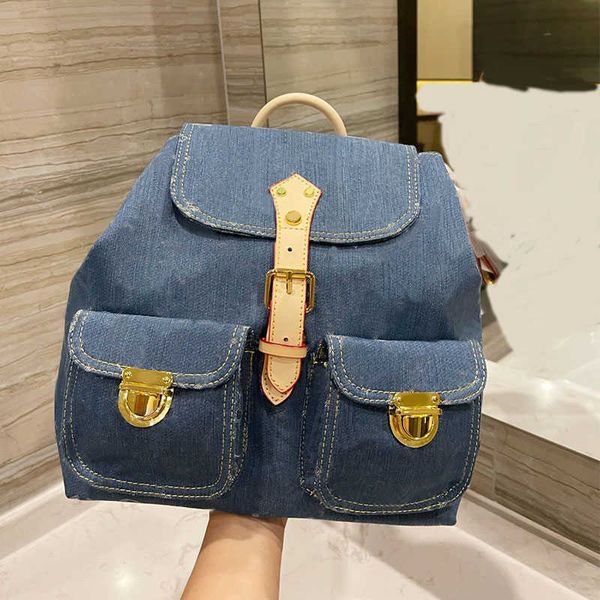 

backpack style denim women shoulder travelling bag handbag canvas embroidery letter hasp gold hardware buckle patchwork color