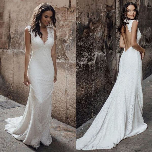

mermaid wedding dress for women 2023 lace deep v-neck boho bride gowns backless vestidos de novia robe de mariage, White