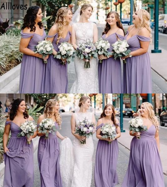 

lilac flowy chiffon a line bridesmaid dresses off shoulder neck with straps maid of honor gowns plus size pleats simple boho wedding guest p, White;pink