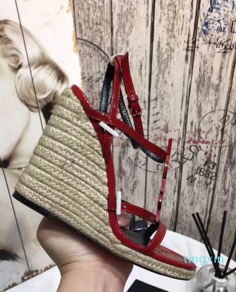 

summer ladies tribute wedges sandal espadrilles women smooth leather twine sandals peep toe t-strap high heels platform dres yslity lvd, Black