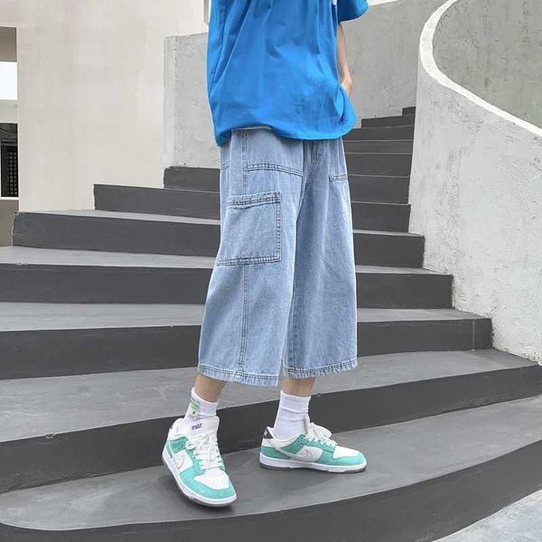 

men's capris summer pants straight jeans versatile trend wide leg, Blue