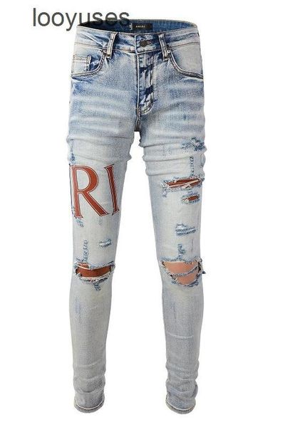 

washed amirs patch amiris jeans fog es jean slim designer letter hole collage jeans men's legged pants high street 0991, Blue