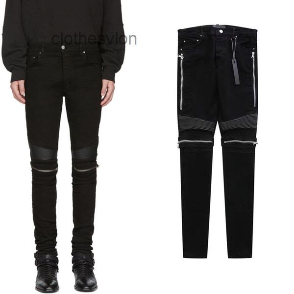 

designer amirs jeans ch 2022 street wash black wang yibo mx2 zipper leather locomotive slim fit men's fashion, Blue