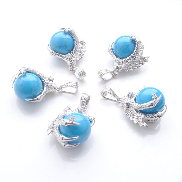 

natural stone blue turquoise pendants round ball bead dragon claw crystal reiki chakra women dangle pendant gift n3109, Silver