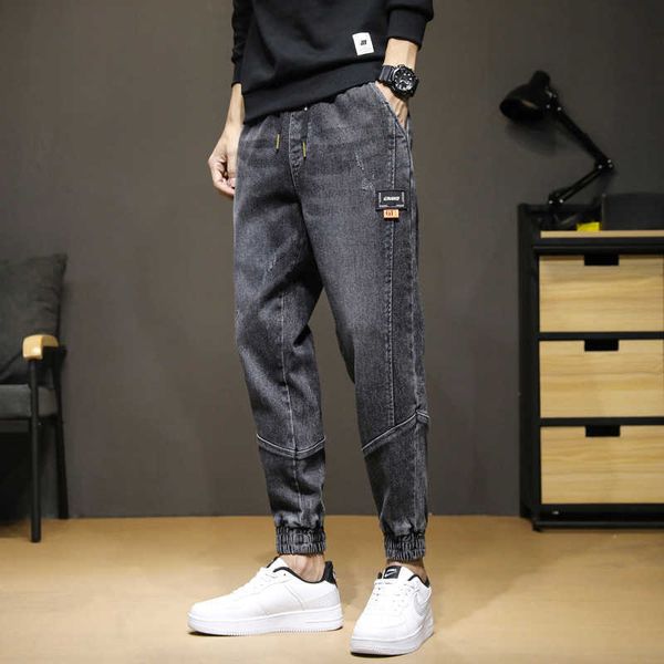 

men's harun pants new loose jeans youth cropped pants korean version elastic casual fashion pants, Blue