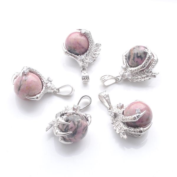 

natural stone rhodochrosite pendants round ball bead dragon claw crystal reiki chakra women dangle pendant gift n3110, Silver