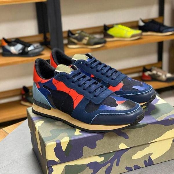 

designer camouflage sneaker womens mens rivet shoes studded flats mesh camo suede leather casual trainers rock valentinoe'valentinoity, Black
