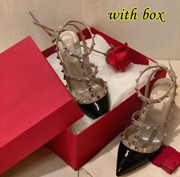 

women high heel sandals shoes with rivets v pointed toe wedding shoes summer new classics nude black patent leather thin heels two belts 6cm
