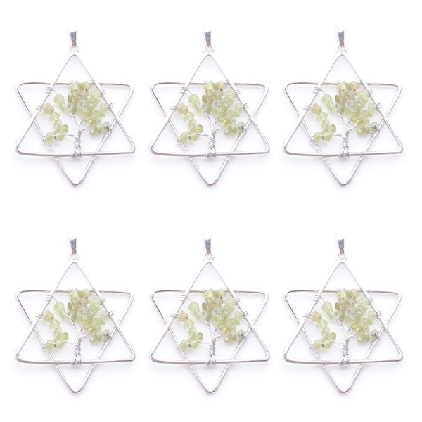 

tree of life pendants natural gem chips stone olivine chakra reiki five pointed star metal merkaba jewelry n3808, Silver