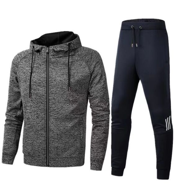 

2022 new cross-border spring and autumn hoodie cardigan fitness running sports casual jacket coat loose cotton plus pants two sets men', Gray