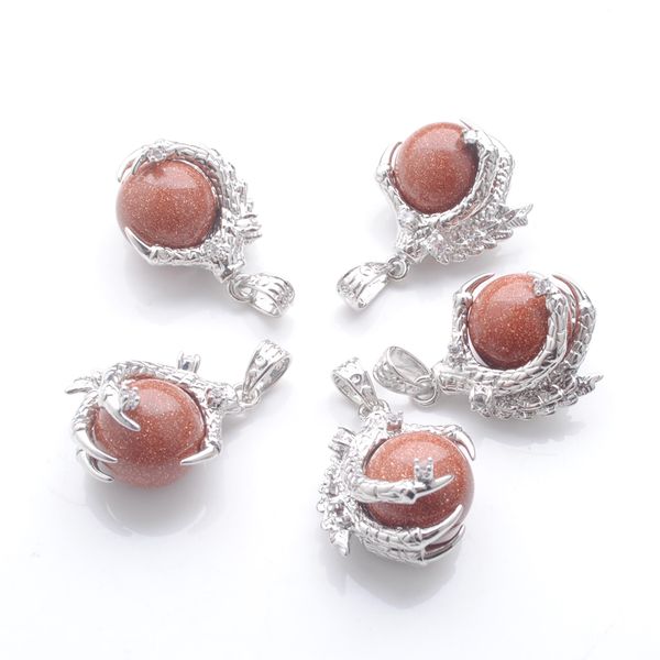 

natural stone golden sand pendants round ball bead dragon claw crystal reiki chakra women dangle pendant gift n3107, Silver
