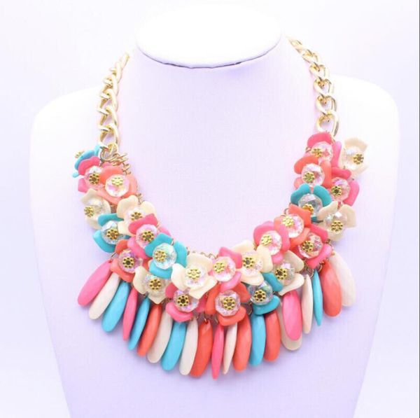 

wholesale multicolor crystal flowers choker bib necklace pendant chain statement, Silver
