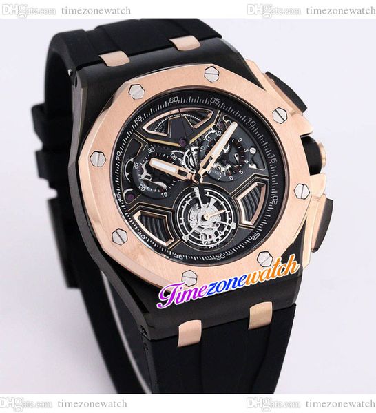 

k8f 43mm oak japan quartz chronograph mens watch 26622ti black skeleton dial satch two tone rose gold case rubber strap new watches timezone, Slivery;brown