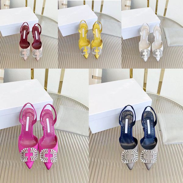 

2022 designer pointed toe high heels sandals womens luxury leather fashion after strappy hollow out shoes covered toe diamond buckle mid-hee, Black