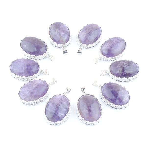 

natural raw gem stone amethyst pendants oval shape bead purple crystal n3339, Silver
