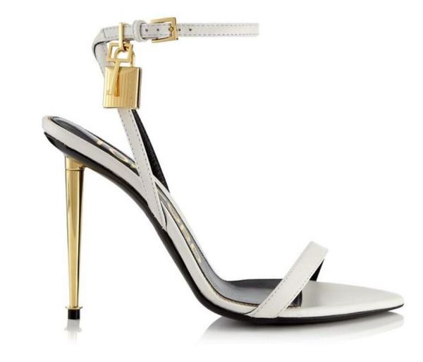 

women's sandals high heels padlock pointed glossy leather nude sandals 105mm ankle strap, Black