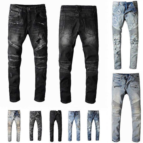 

mens designer jeans distressed ripped biker slim fit motorcycle biker denim for men s fashion mans black pants pour hommes, Blue