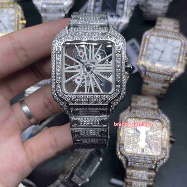 

men's new ice diamonds watch skeleton see-through dial watch sier stainless steel case watches quartz movement, Silver