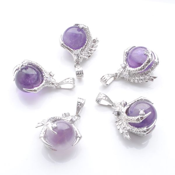 

natural stone amethysts pendants round ball bead dragon claw crystal reiki chakra women dangle pendant gift n3115, Silver
