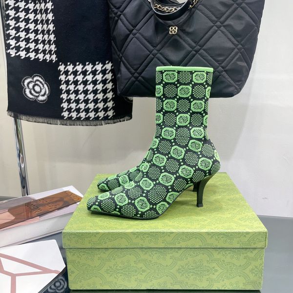 

75mm jacquard knitted sock ankle boots stiletto heeled boot stretch elongated square toes kitten heels booties women's luxury designer, Black