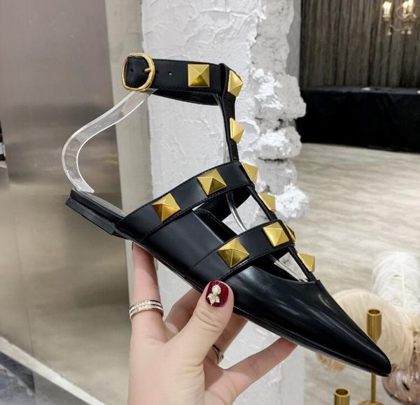 

designer pointed shoes rivets sandals high heel wedding shoes brand flat slippers with box summer new genuine leather pinkycolor green pink, Black
