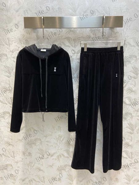 

solid color velvet brand two pieces pants hooded short drawstring hoodier elastic waist loose straight trousers fashionable women tracksuit, White
