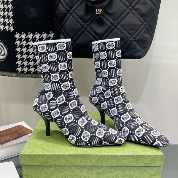 

tom 75mm jacquard knitted sock ankle boots stiletto short boot stretch elongated square toes kitten heels booties for women luxury designer, Black