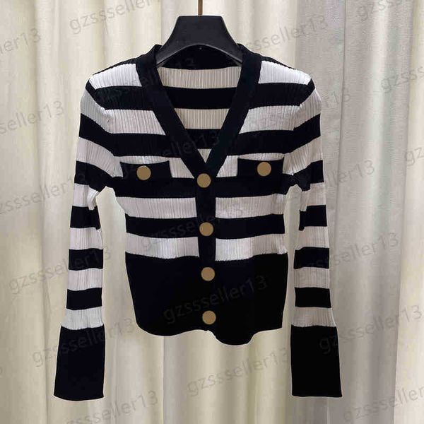 

womens sweater fashion metal button cardigans women sweaters autumn striped panel v-neck designer cardigan 3 colors 0912, White;black