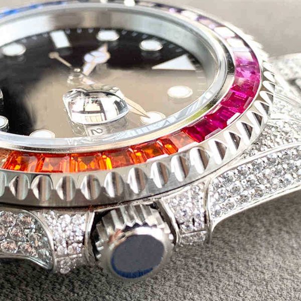 

big zircon diamonds watch rainbow bezel 904l stainless steel eta 2836 movement mechanical men luxury full iced out cz watches, Slivery;brown