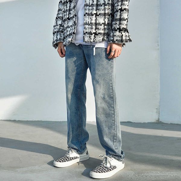 

men's new simple washed old trousers and basic straight blue neutral fashion jeans