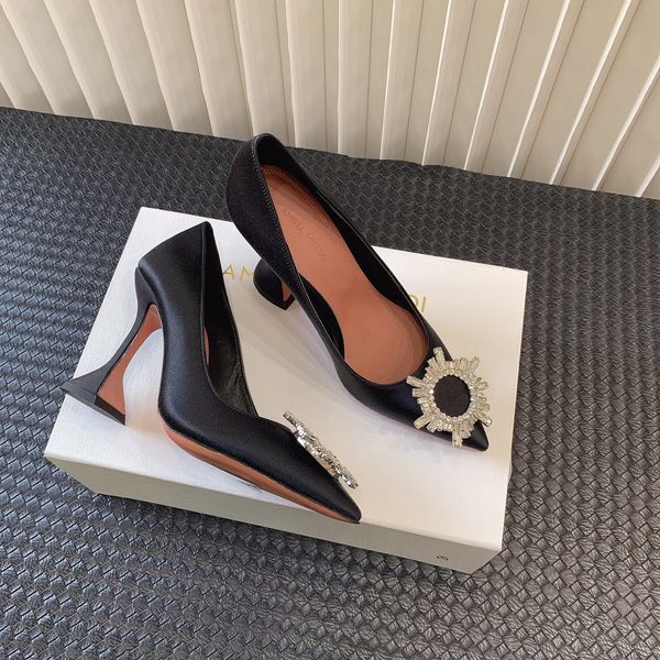 

amina muaddi dress shoes pumps high heels sandals factory shoes luxury saeda crystal strap satin suede leather wedding party womens box, Black