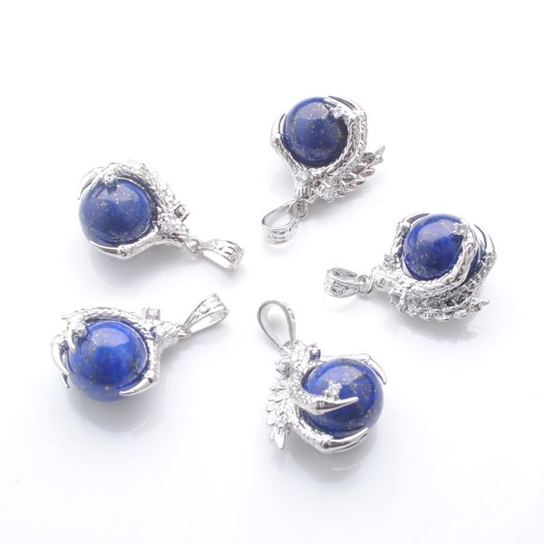 

natural stone lapis lazuli pendants round ball bead dragon claw crystal reiki chakra women dangle pendant gift n3113, Silver