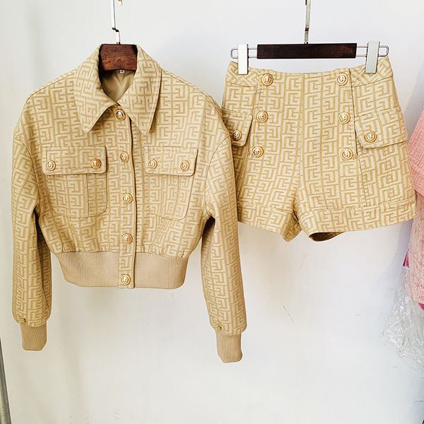 

high-quality e two piece dress lion buttons geometric pattern jacket and shorts, White