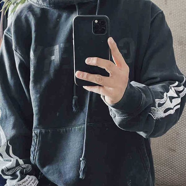 

street designer fashion 2022 multi cotton t shirt galery deps flaming mountain letter print high loose casual vintage fleece hoodie men, Black