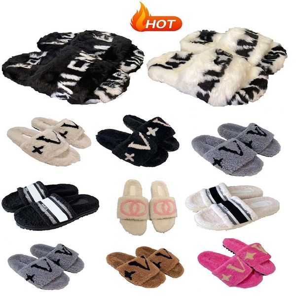 

women's plush slippers fluffy fur slippers luxury brand designer shoes warm indoor flip-flops fashion, Black