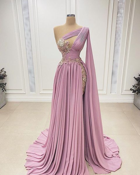

pink pleated flowy skirt prom dresses lace one shoulder cape v neck appliques sequins shiny evening dresses chiffon side slit, Black;red
