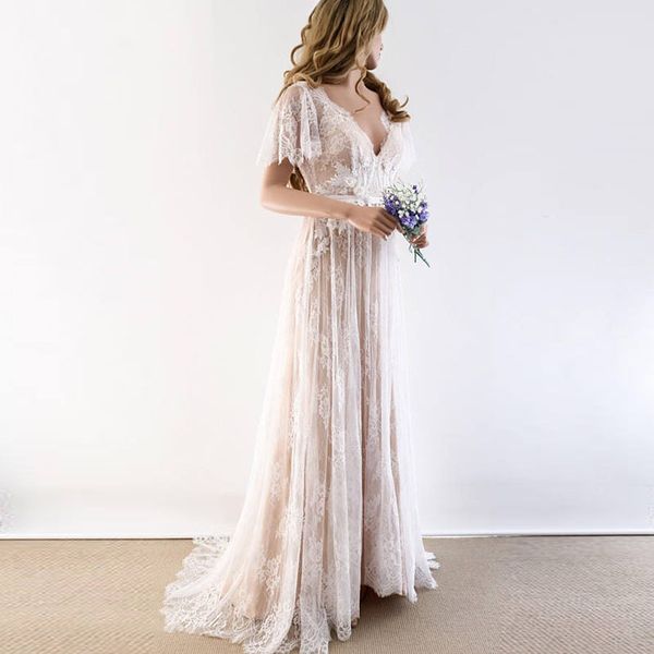 

real boho v neck wedding dress cap sleeves beach backless bridal dresses vestidos de noivas custom made low price, White