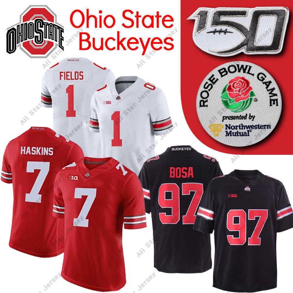 

football jerseys ncaa ohio state buckeyes jersey justin fields jk dobbins 15 elliott dwayne haskins jr. nick bosa 150th patch jerseys, Black;red