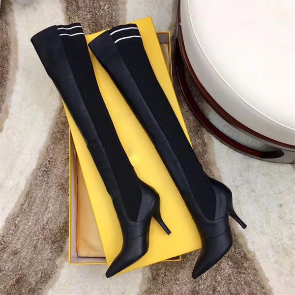 

luxury 2021 outdoor fashion women's knitted socks boots fine heel 9 5cm thigh high boot breathable elastic pointed toe b2910, Black
