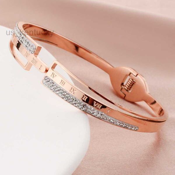 

bangle korean version simple light luxury titanium steel diamond inlaid hollow out spring bracelet stainless steel roman numeral letter ins, Black
