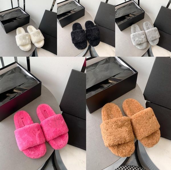 

lamb wool slippers classic embroidery pattern flat bottom sandal leisure designer shoes winter warmth plush comfort slipper for women's, Black