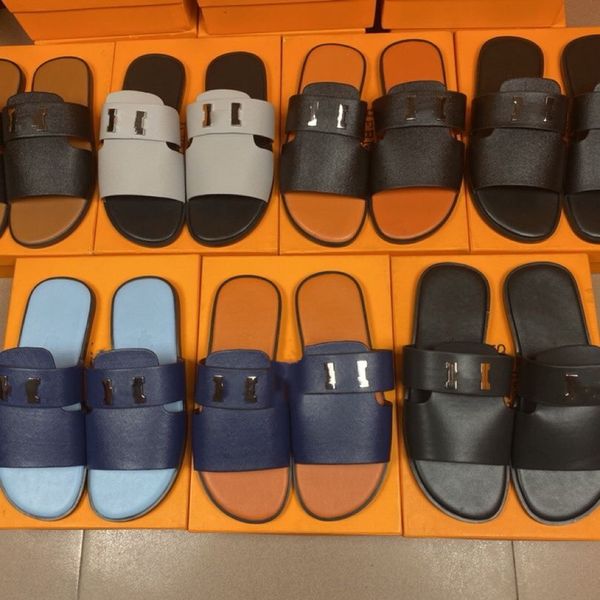 

2022 fashion slippers classic h men's sandals summer designer leather rubber flip flops outdoor beach shoes boots, Black