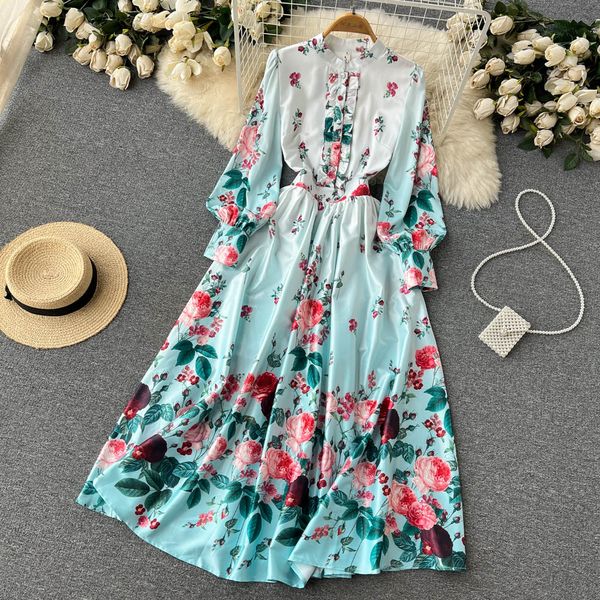 

2023 spring new palace style dress retro style waist slim print swing over knee long skirts, Black;gray