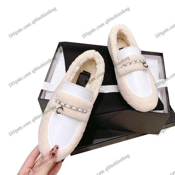 

22ss lamb wool womens dress shoes with chain flat heels loafers cowhide platform ballet shoe f/w warm comfy designer classic black white sli