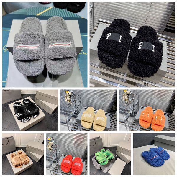 

2022 luxurys designers women ladies wool slippers slides winter fur fluffy furry warm letters sandals comfortable fuzzy girl flip flop slipp, Black