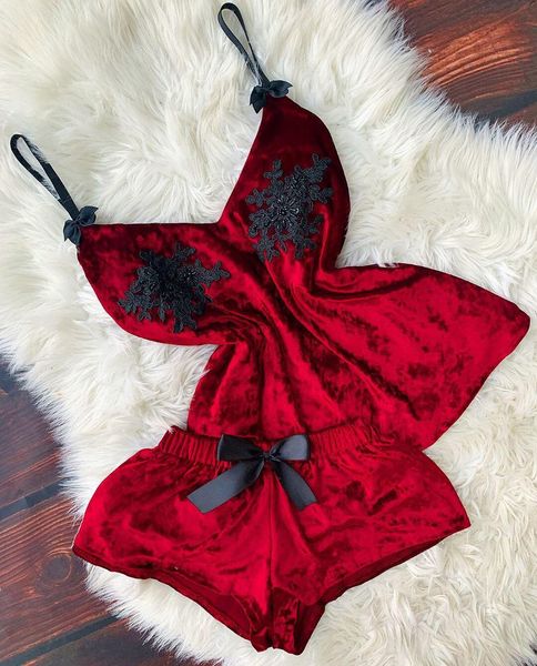 

bras sets women's halter pajamas canary velvet suit, Red;black