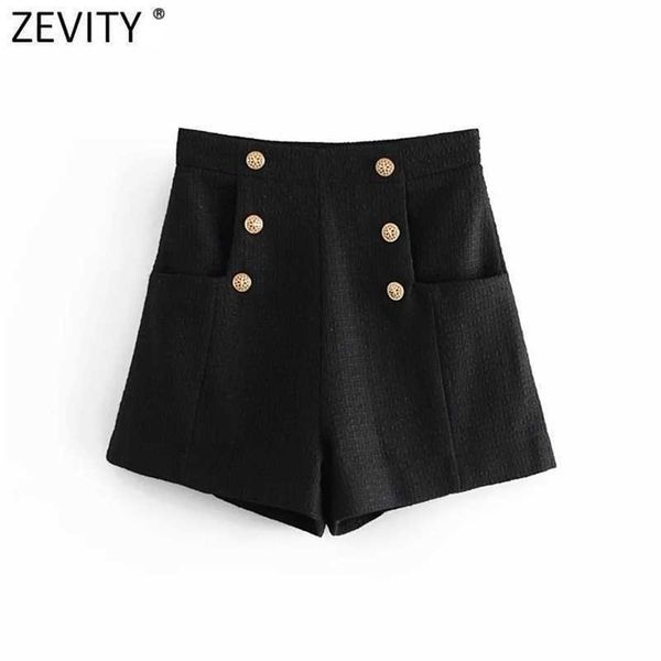 

zevity women vintage double breasted high waist black woolen shorts lady side zipper chic casual slim pantalone cortos p961 210311, White;black