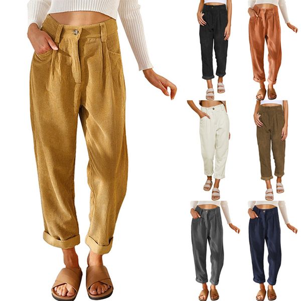

women's pants autumn winter women's high waist loose casual corduroy straight ladies solid all-match trousers female fashion bloom, Black;white